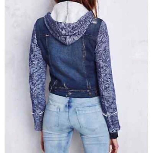 Free People Mixed Media Space Dye Knit Hooded Denim Jean Jacket Blue Size XS - Picture 3 of 10